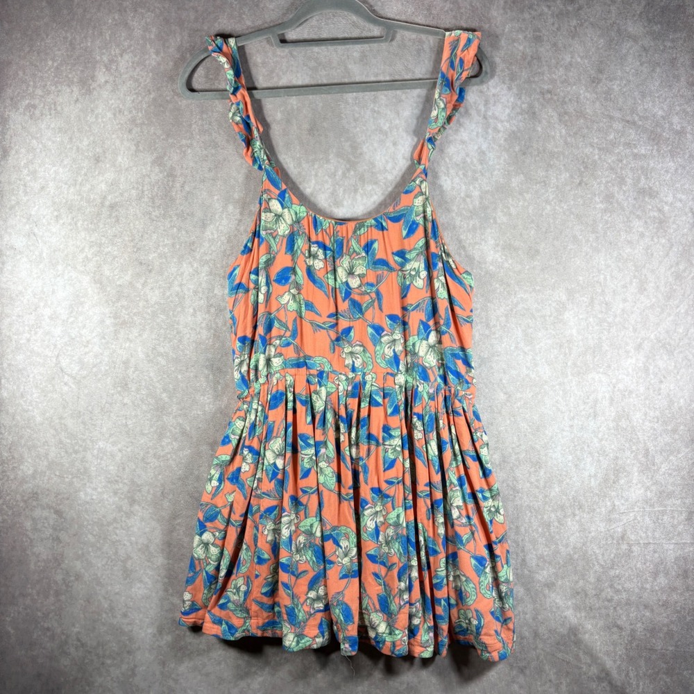 Free People Mini Dress Womens Small‎ Orange Floral Boho Ruffle Straps Pockets